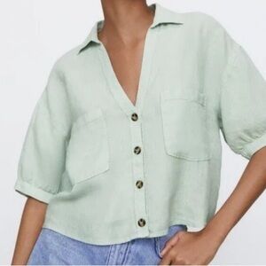 ZARA LINEN Mint Green Button-Up Women's Top size S